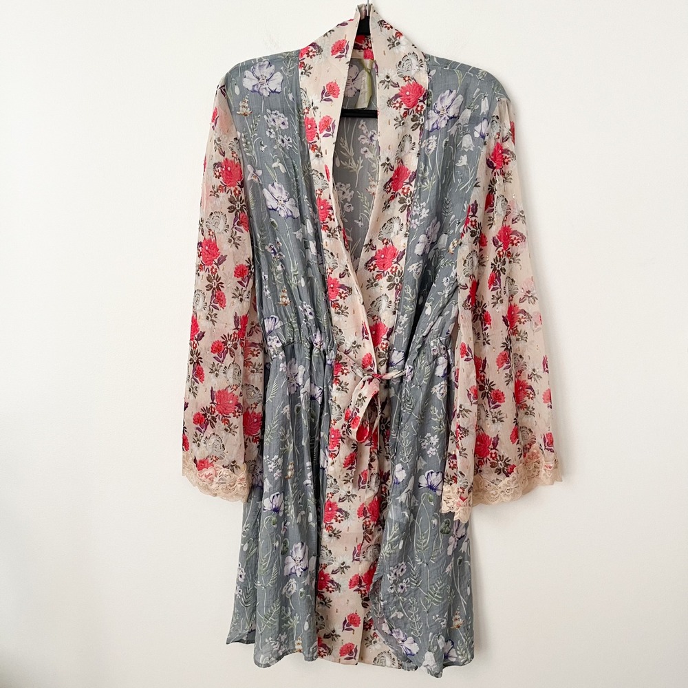 Anthropologie Aratta Silent Journey Floral Kimono Robe Womens Medium Pink Blue